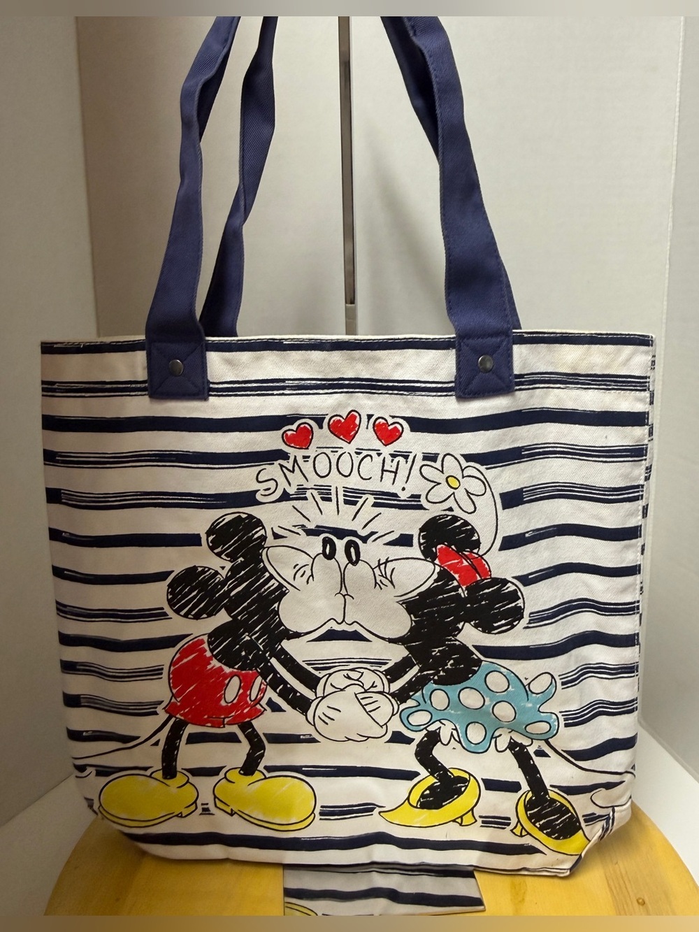 Disney Mickey Minnie Mouse Smooch Striped Blue Canvas Tote Shoulder Bag